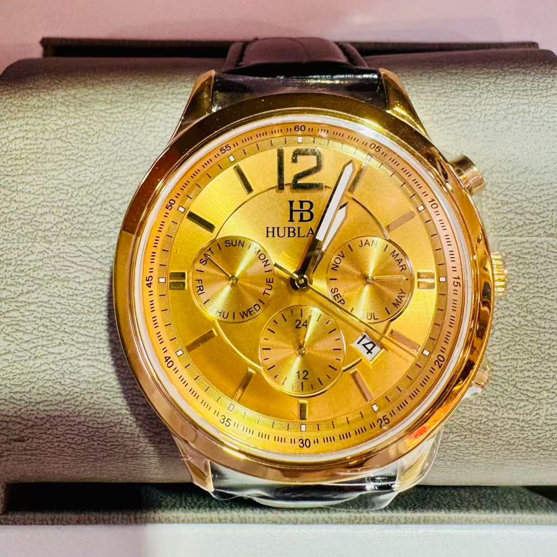 男士黄金手表多功能防水金表圆形表盘机械机芯时尚夜光足金999