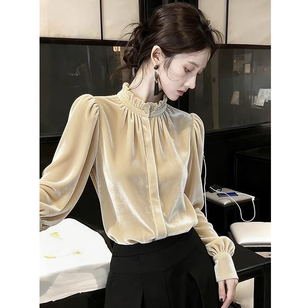 米白色丝绒上衣2025冬季高级感轻奢气质名媛独特漂亮法式小资衬衫