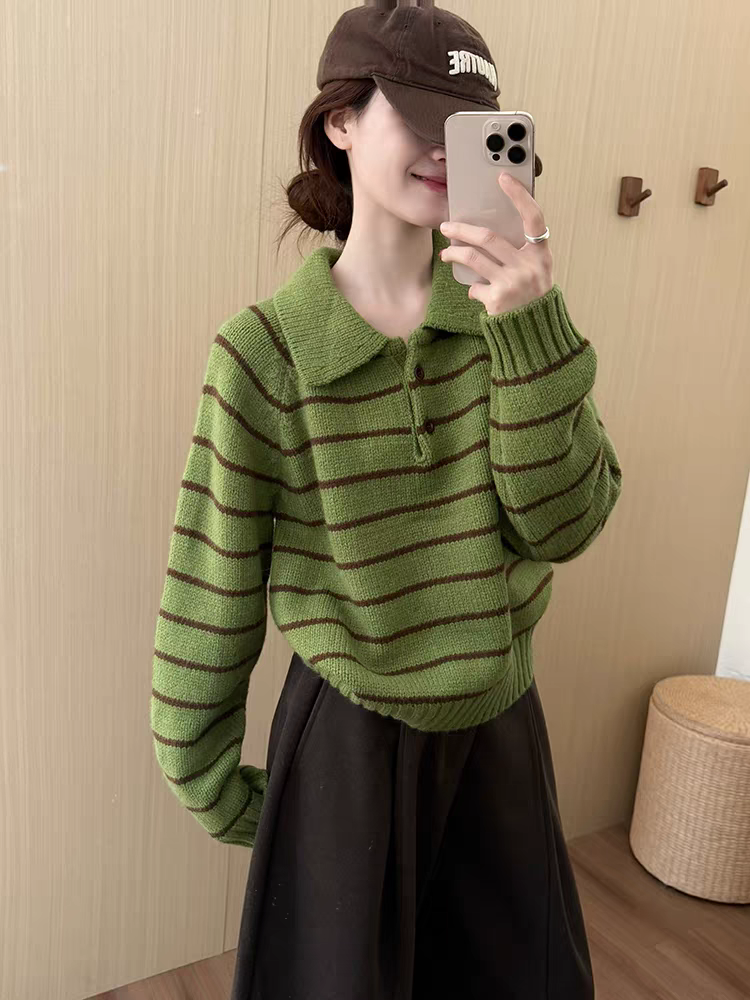 翻领毛针织衫针织polo秋冬慵懒风条纹打底宽松长袖女百搭复古