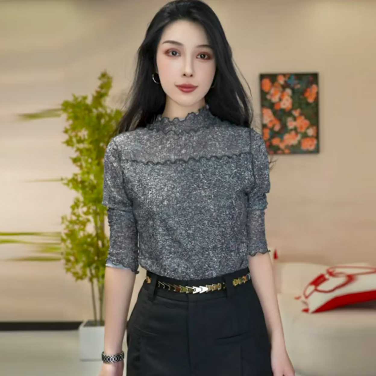 【商场同款】木耳边网纱衣气质修身显瘦拼接短袖时尚蕾丝衫1300643