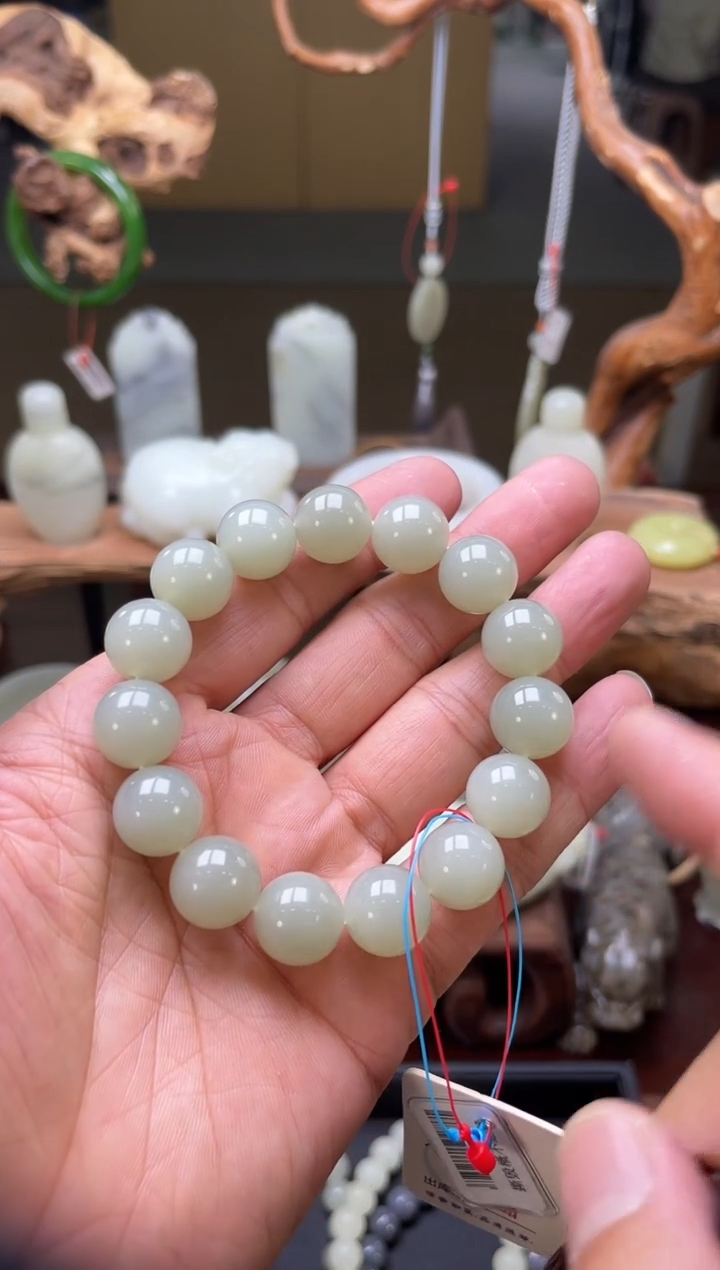 【闪购商品】和田玉手串未镶嵌且末青白卡14圆珠 多样性发一