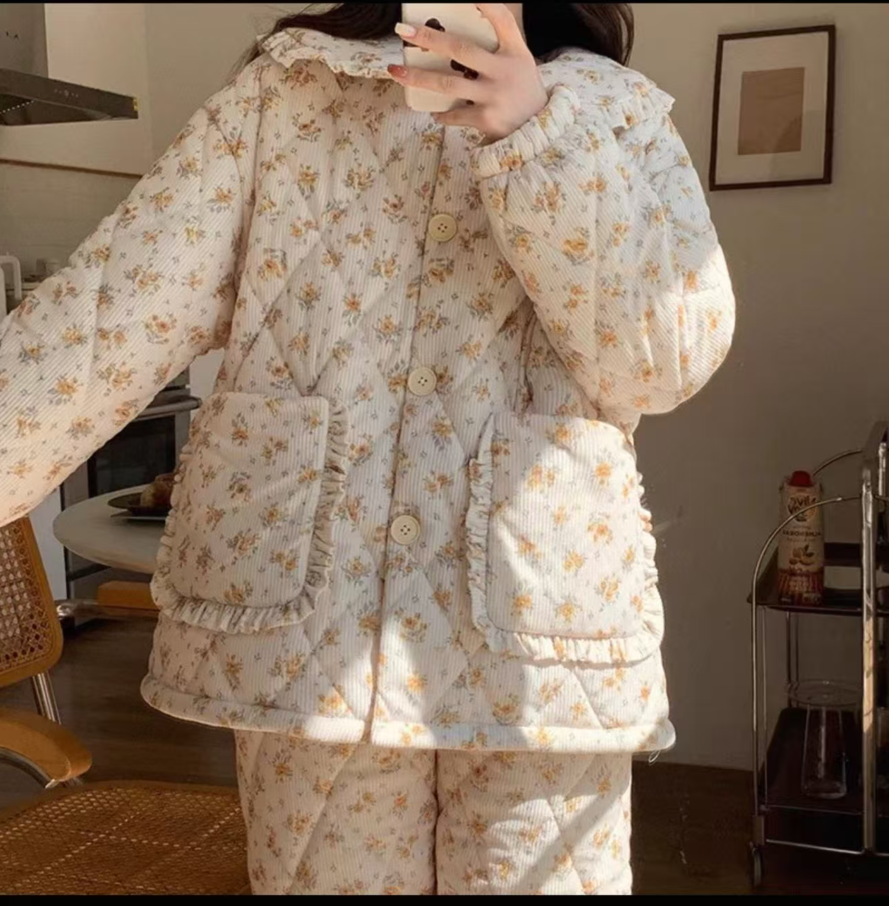 女士冬季加厚三层夹棉家居服套装