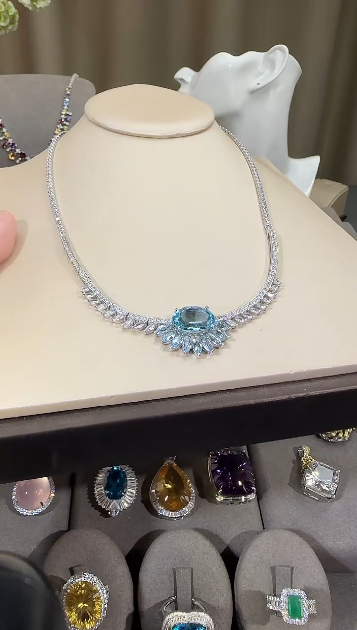 颈饰银S925镶嵌托帕石10*14mm套链高级款