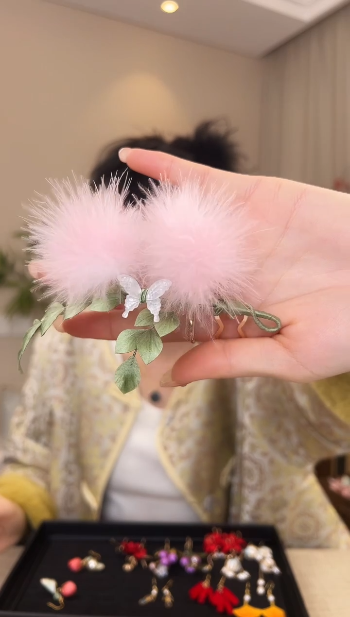刺绣合欢花绒花u钗