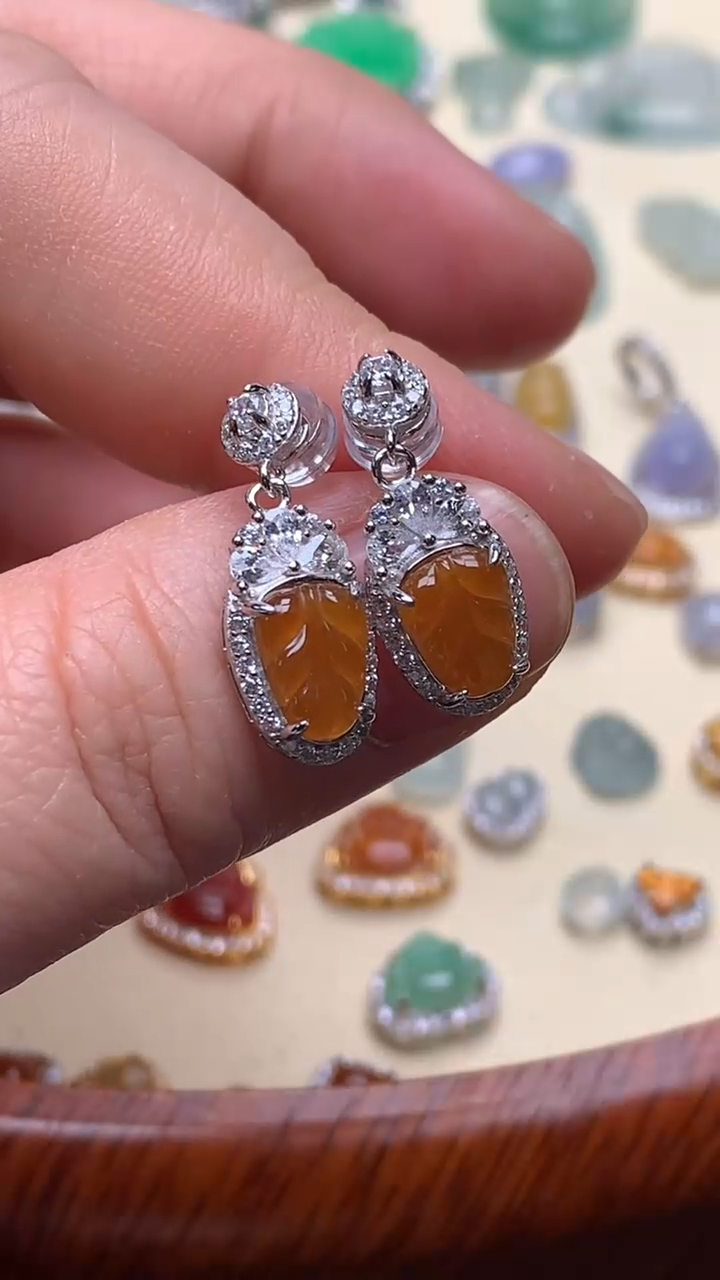 【闪购商品】翡翠耳饰银S925镶嵌翡翠镶嵌叶子耳饰