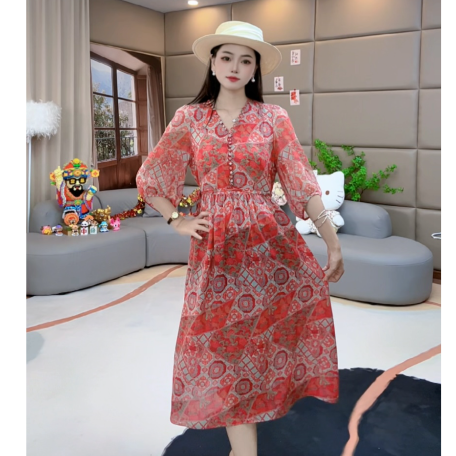 马洛克“朱虹过影” V领显瘦时尚休闲气质真丝连衣裙 80162