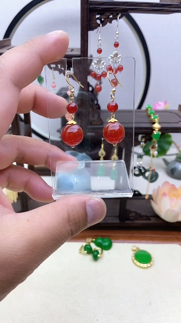 南红玛瑙14K金镶嵌耳饰44号