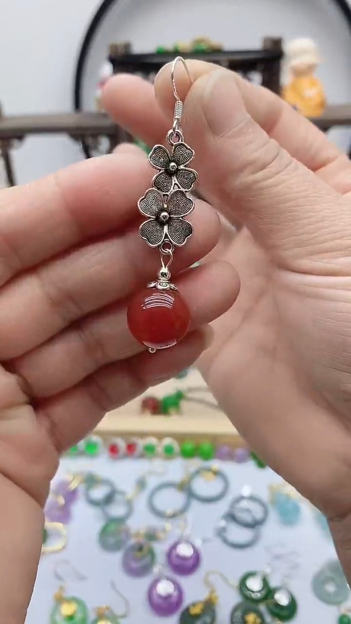 银S925镶嵌南红玛瑙耳饰312