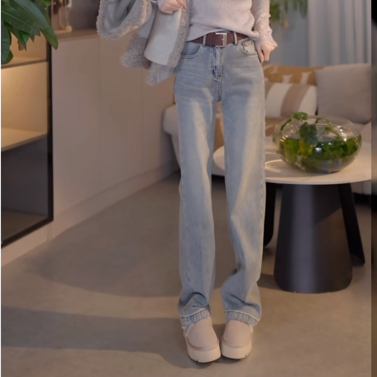 『港风牛仔F』时尚气质百搭时尚加绒牛仔裤9865