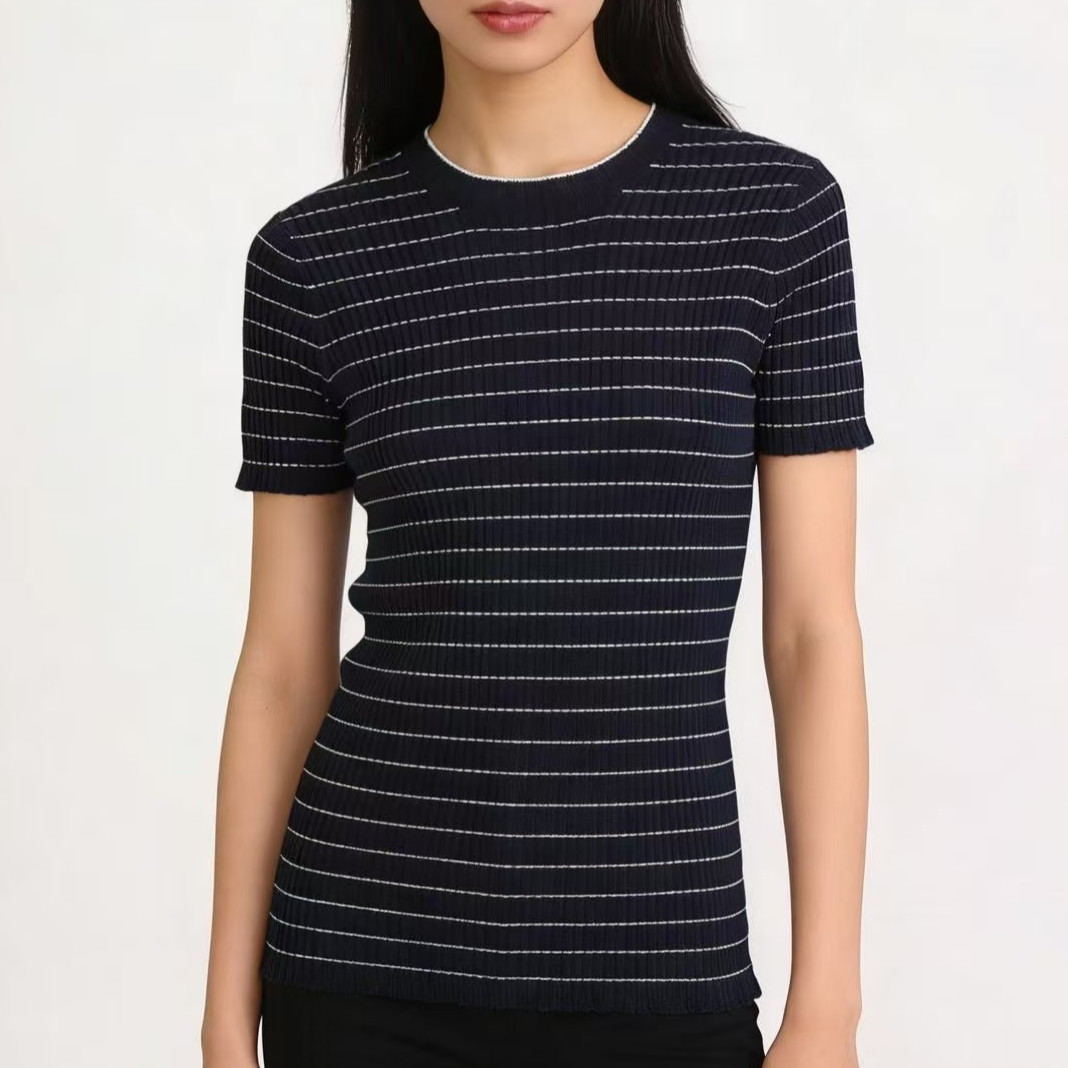 99新 DIOR/迪奥 藏蓝色条纹山羊绒短袖上衣 36 18149442