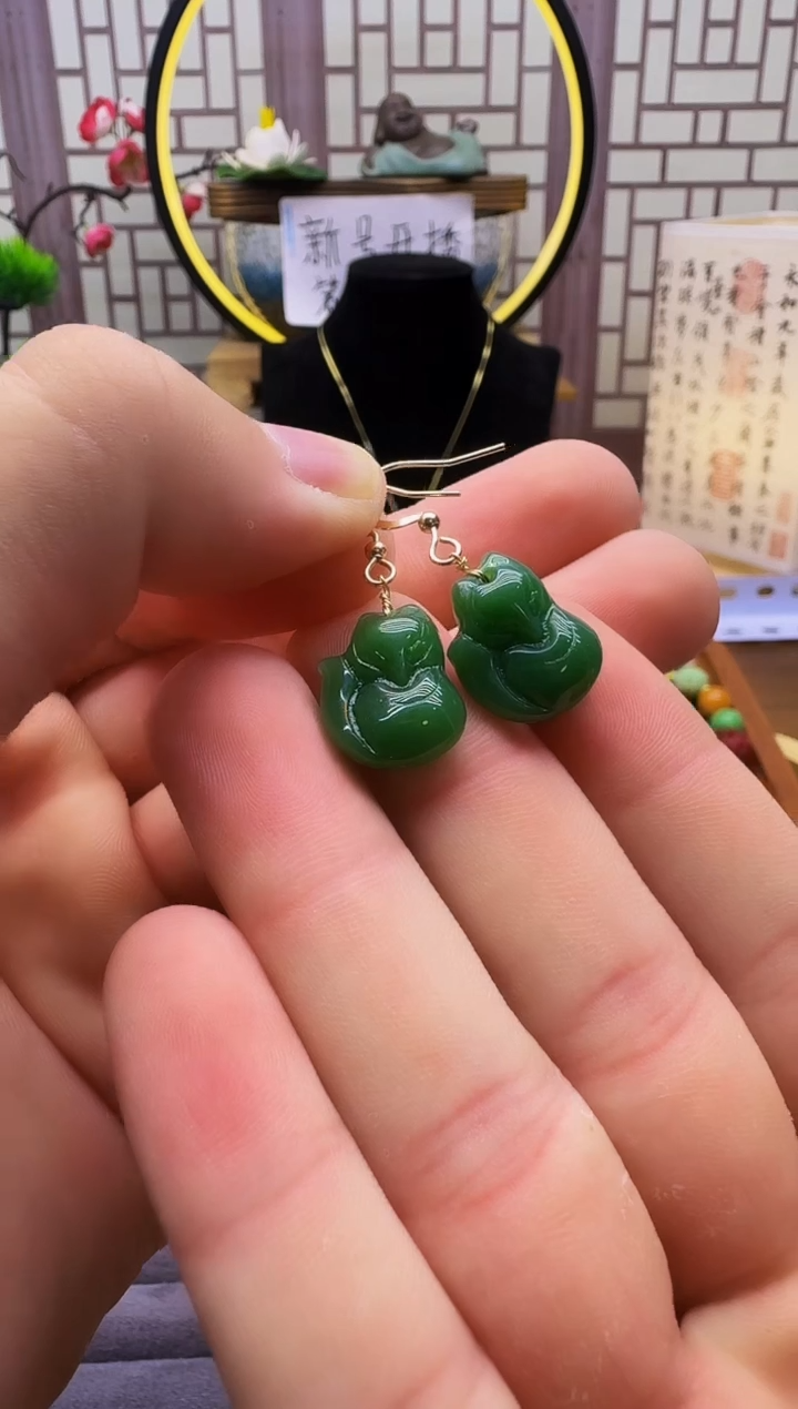 和田玉14K金镶嵌耳饰E316