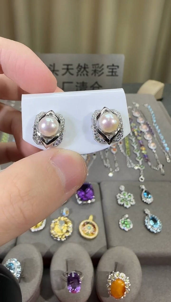 银S925镶嵌耳饰淡水珍珠8mm耳钉设计款