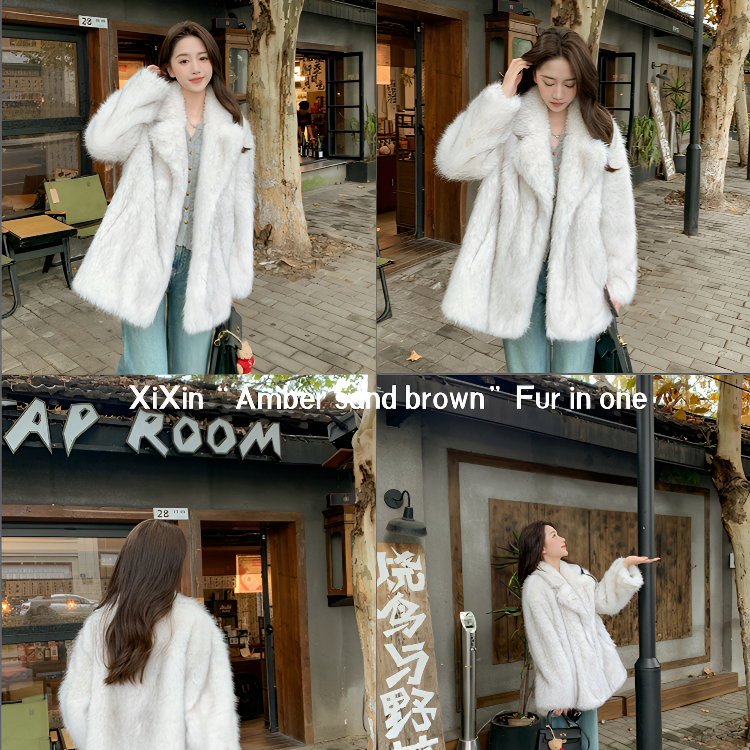 XIXIN“银渐层”新款网红秋冬西装领外套上衣时尚高级感毛毛外套