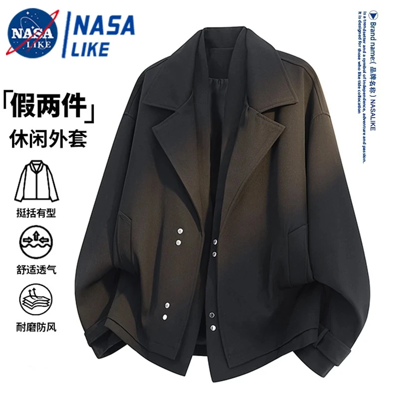 NASA联名秋冬简约帅气夹克外套男士轻熟风纯色百搭假两件上衣潮流