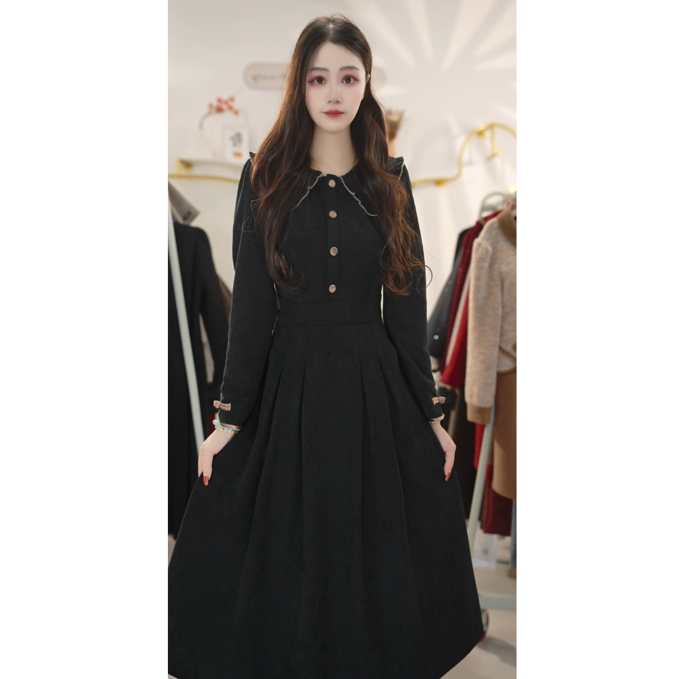 时尚显瘦连衣裙新款秋冬季洋气长袖遮肚子中长款裙子潮流Y651116