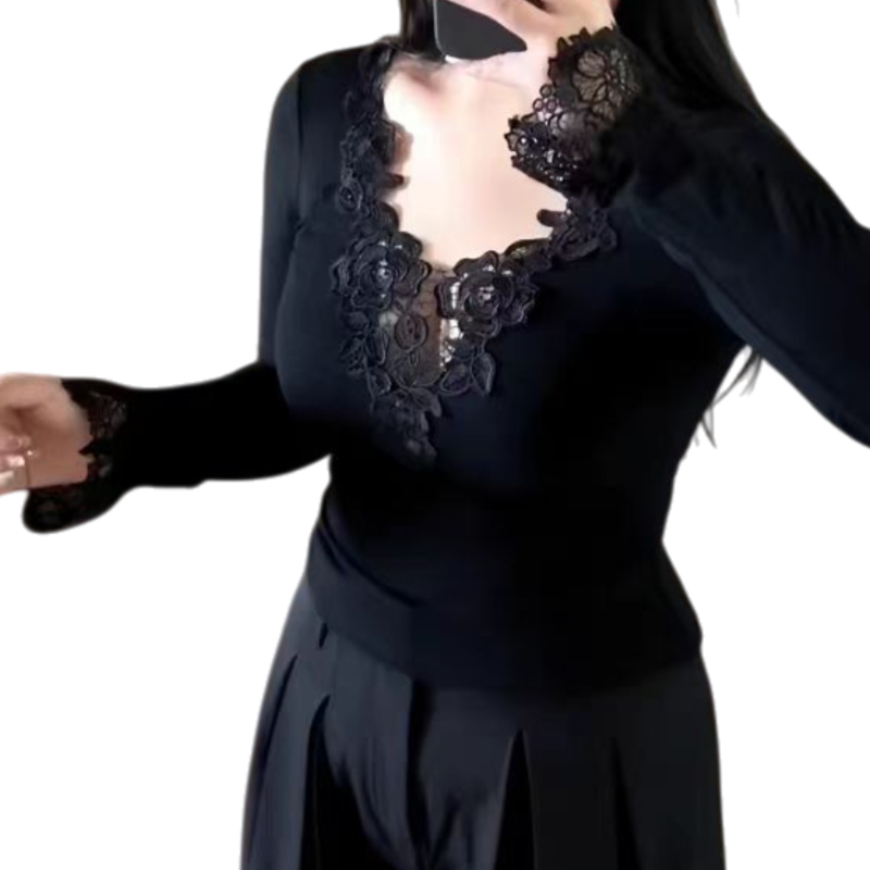 有莱头性感v领长袖纯欲V领花边长袖显瘦绝美T恤内搭上衣