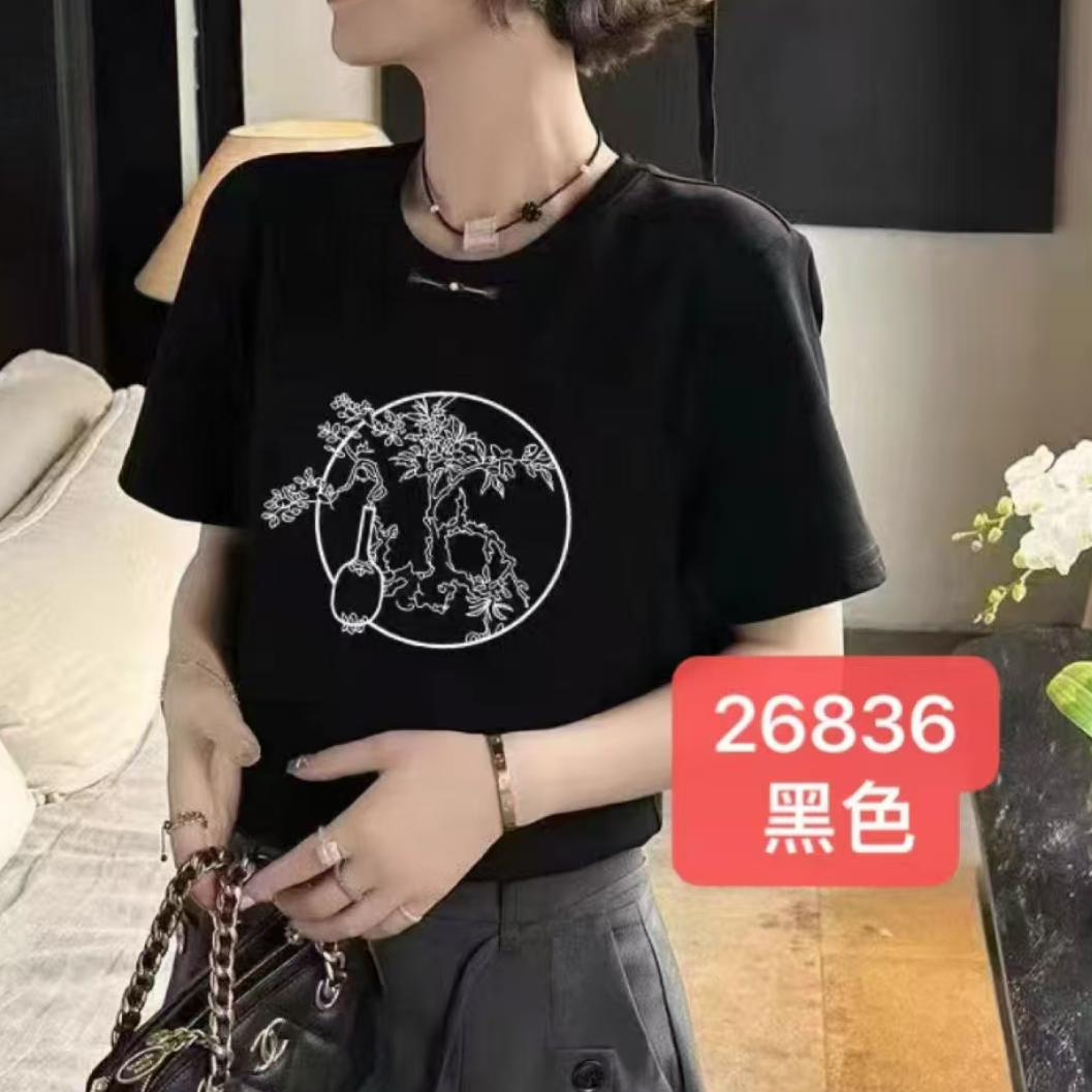 26836印花法式圆领短袖新中式T恤