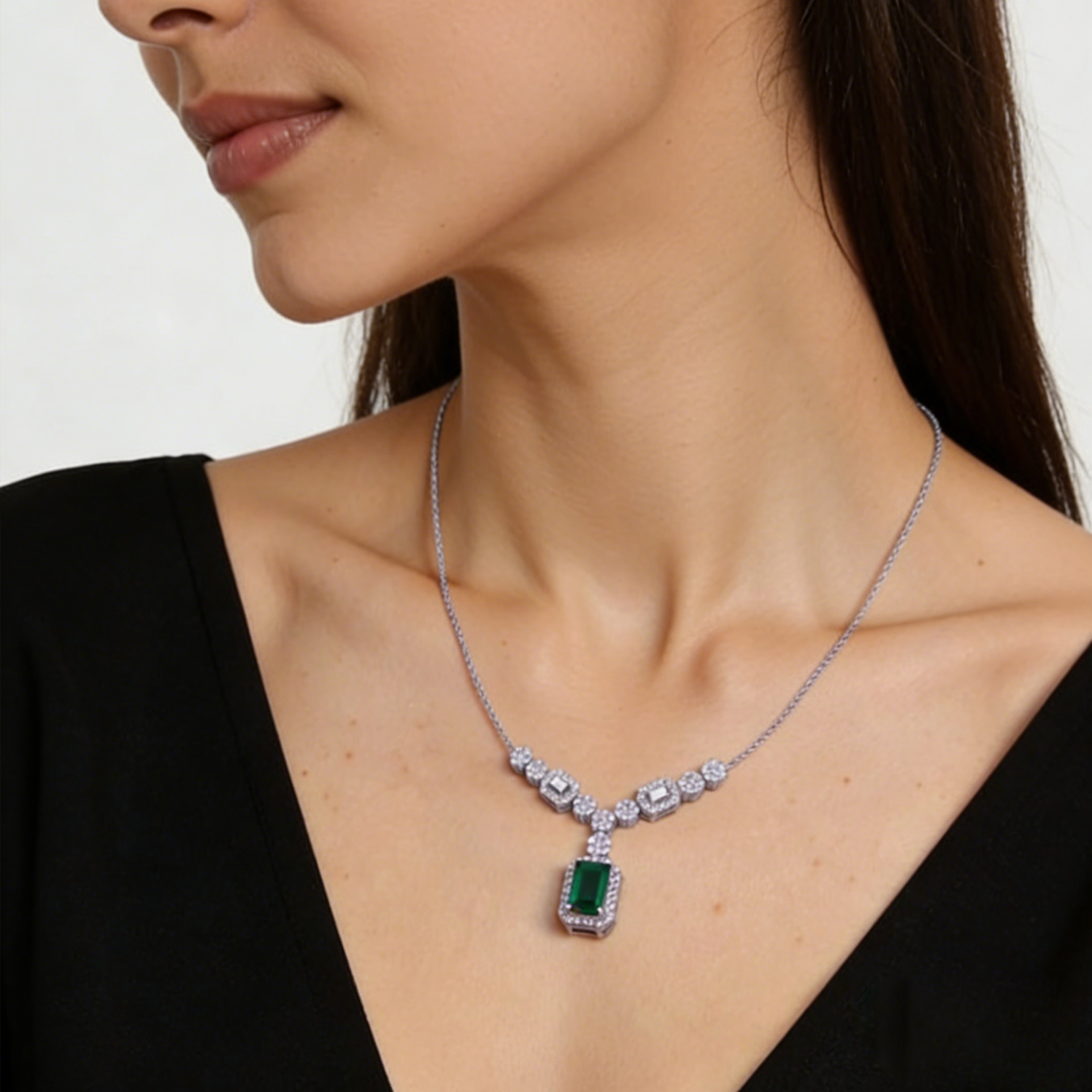 坠链均925银锆石 PAPAROD S925银碧星恋轻奢项链气质绿色简约