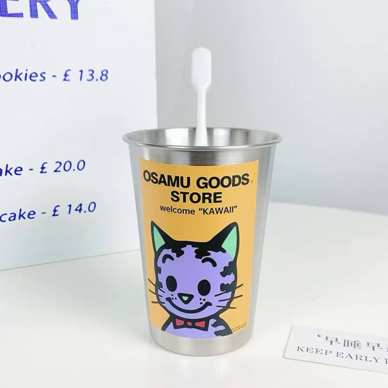 M330 可爱情侣漱口杯简约不锈钢家用高级银漱口杯-黄色小猫