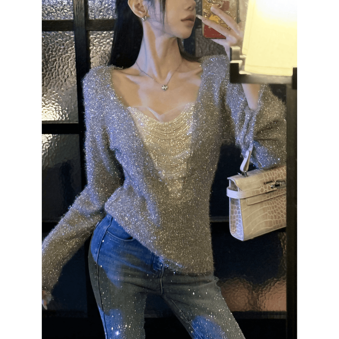 “星落”设计感时尚秋冬银线链条针织衫上衣买版长袖毛衣23333#