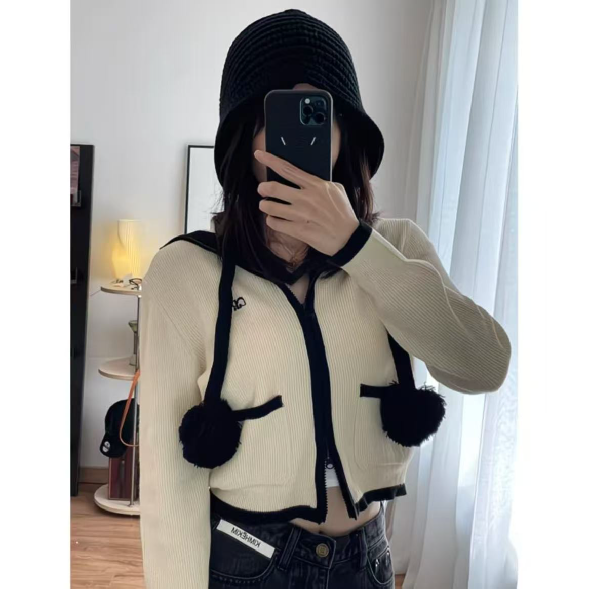 杨幂同款帽子黑色长辫子毛线帽女秋冬韩版护耳保暖针织帽