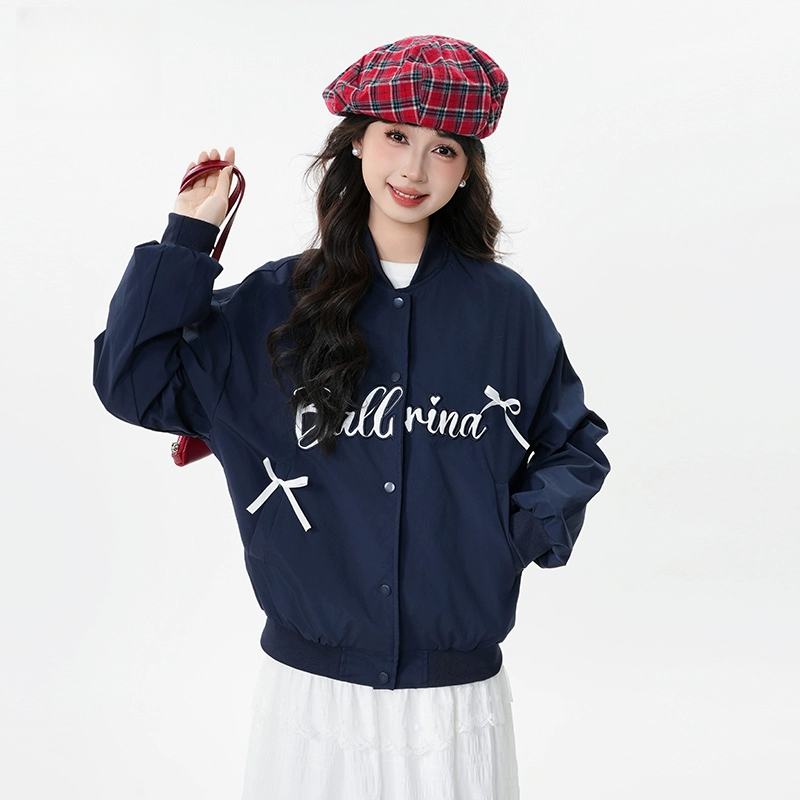 美式复古球服外套女2025春季新款小个子蝴蝶结宽松夹克上衣