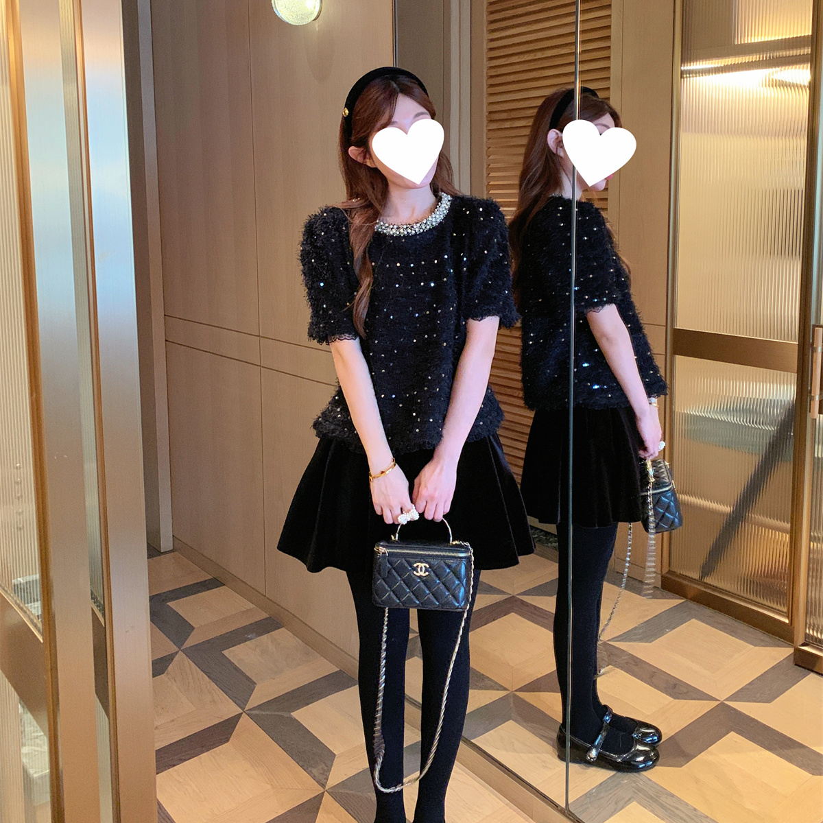 JENNIFER JXLIU韩版冬气质黑色毛绒绒亮片珍珠领短袖蕾丝加绒上衣