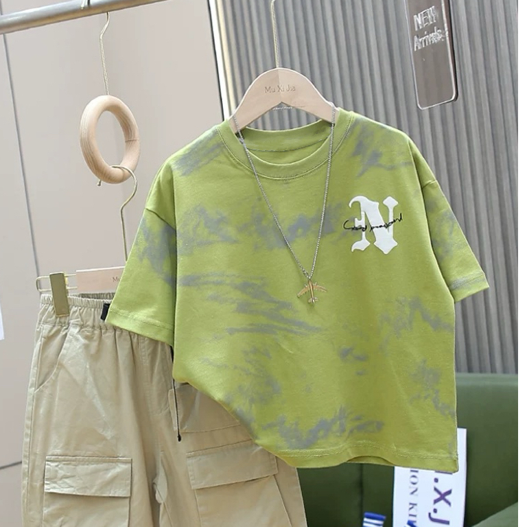 男童夏装纯棉短袖2025新款洋气潮款扎染网红衣服儿童夏装酷帅童装