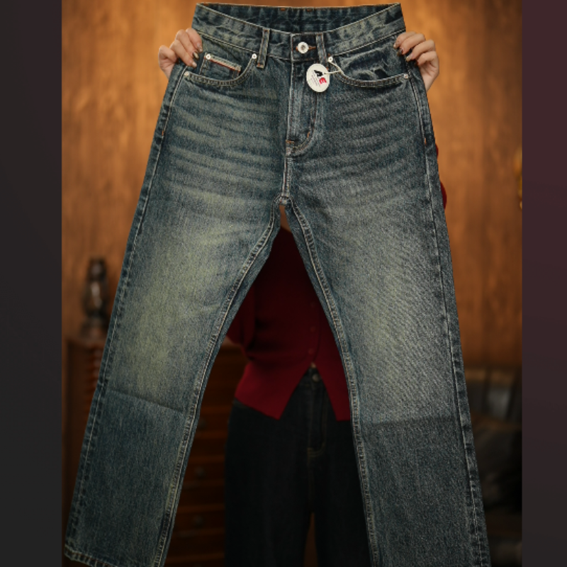 （赤耳丹宁CH5008）新款16oz重工洗水纯棉直筒无弹高端牛仔裤宽松裤