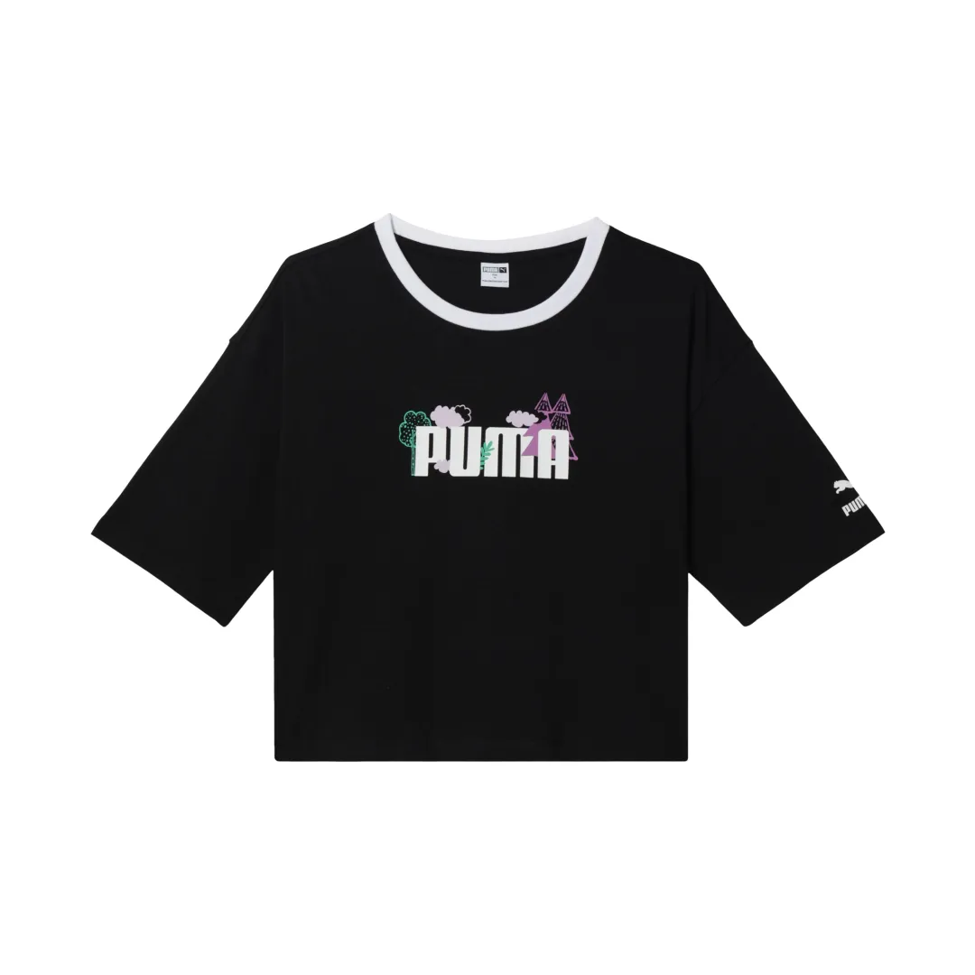 PUMA 品牌Logo图案印花针织休闲圆领短袖 T恤 女款 黑色53877201