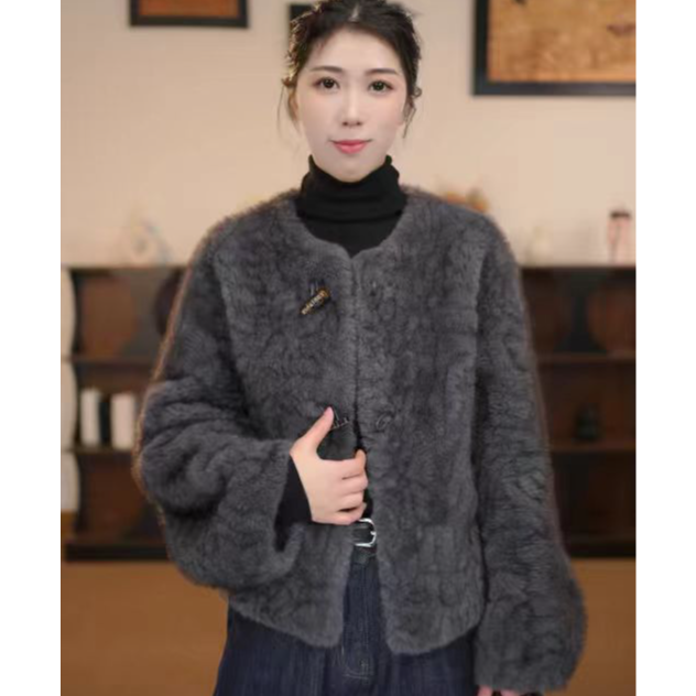 【芸YUN】灰紫色女士短款毛毛外套设计师冬季气质精致百搭小香风