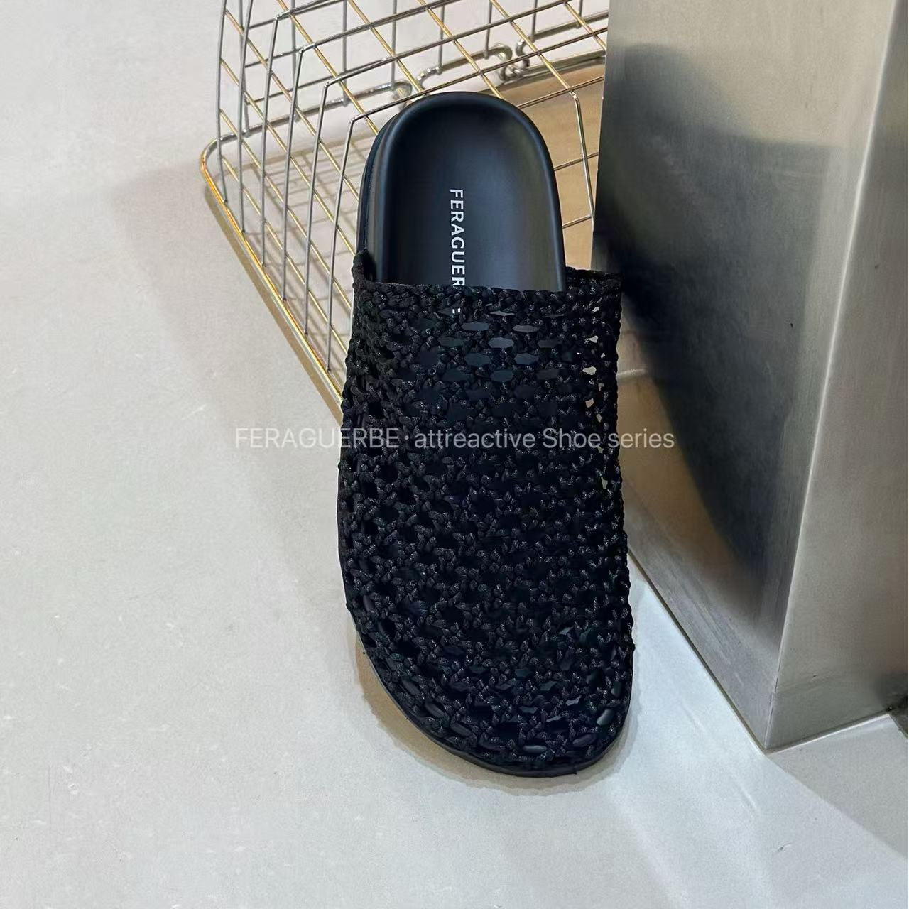 XXZ休闲鞋黑色镂空平底包头平跟纯色时尚夏季包头拖编织7297