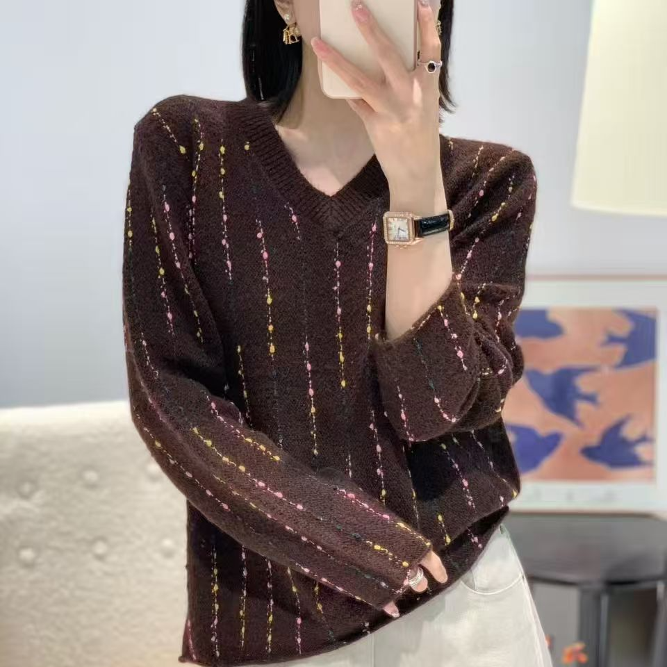 【专柜品质】秋季新款时尚洋气百搭V领彩纱针织衫毛衣长袖上衣潮R59