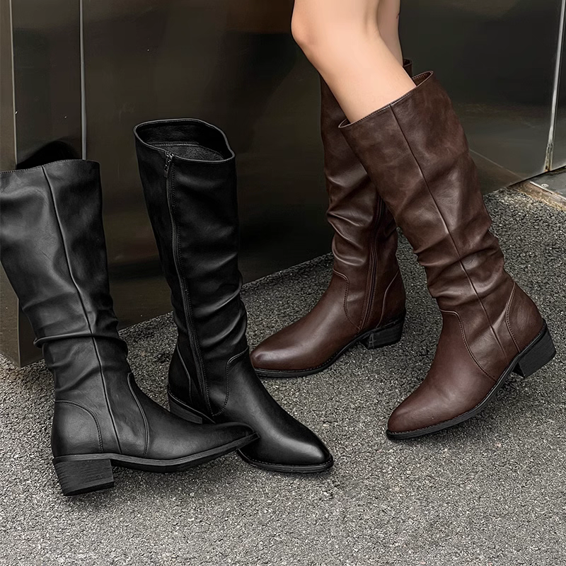 837-29褶皱堆堆靴长筒骑士靴女新款粗跟西部瘦瘦靴不过膝长靴子