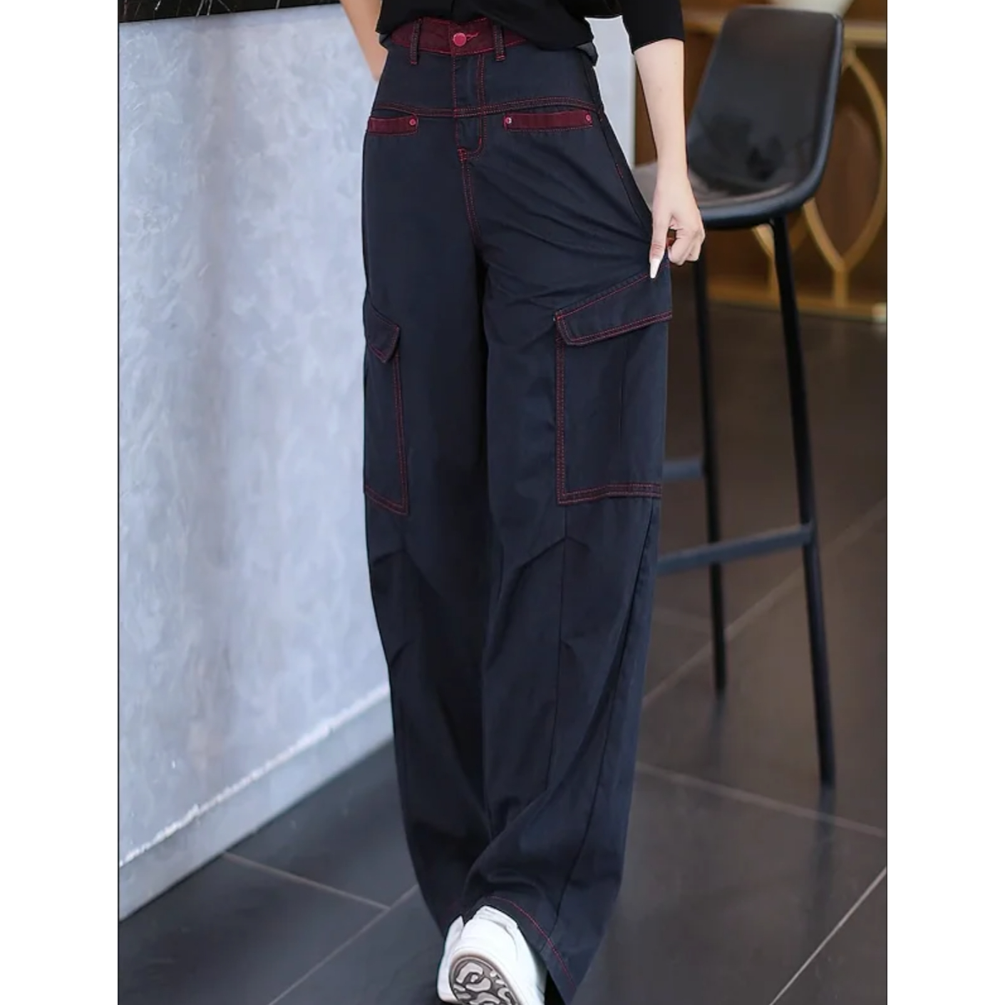 撞色工装牛仔阔腿裤2025年秋装新款高腰显瘦宽松百搭直筒裤妈妈装