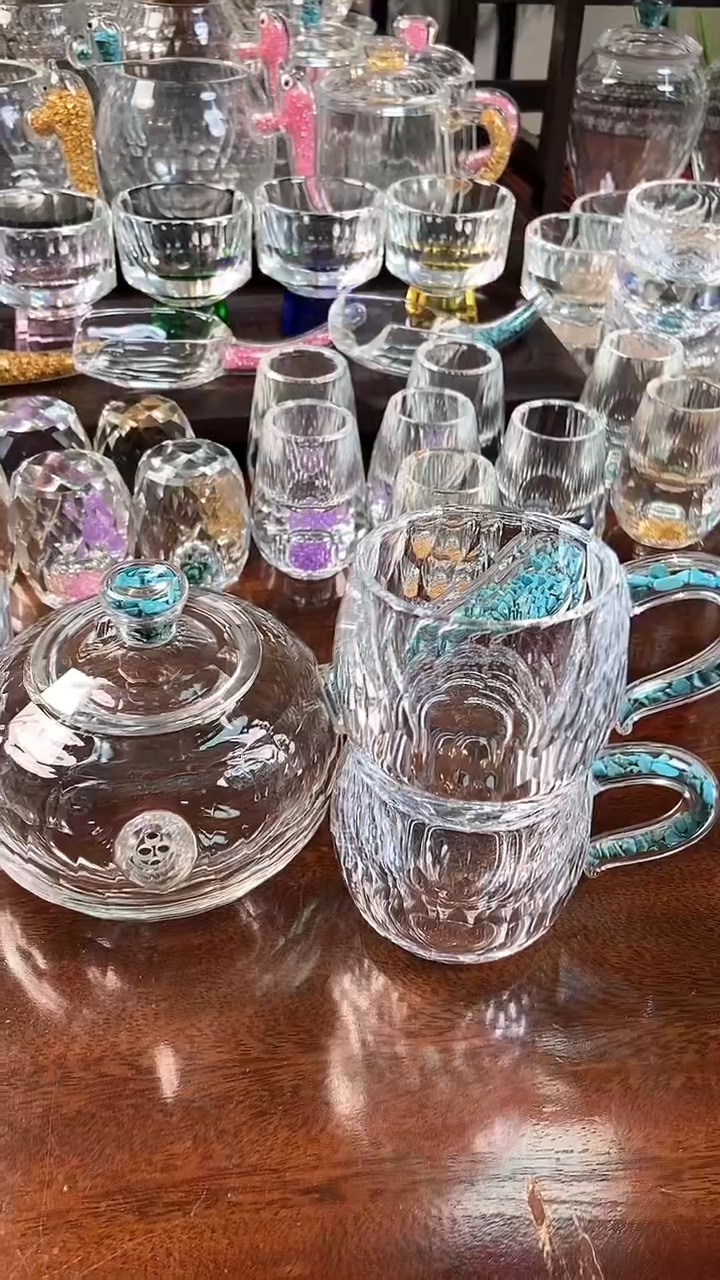 【闪购商品】玺宴新款水晶侧把壶绿松+2个弯把茶碗绿松