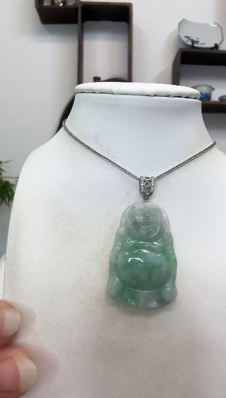 吊坠(赠链)银S925镶嵌翡翠站佛