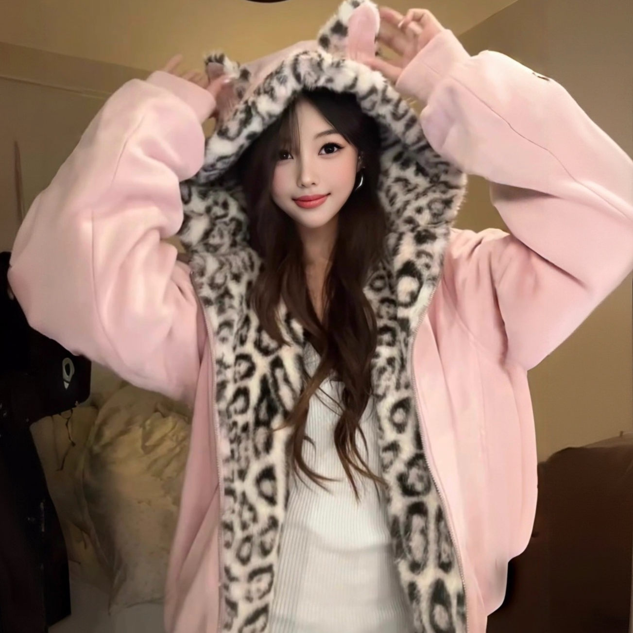 可爱兔耳朵豹纹保暖棉服女座山雕秋冬新款小众拉链加绒外套上衣