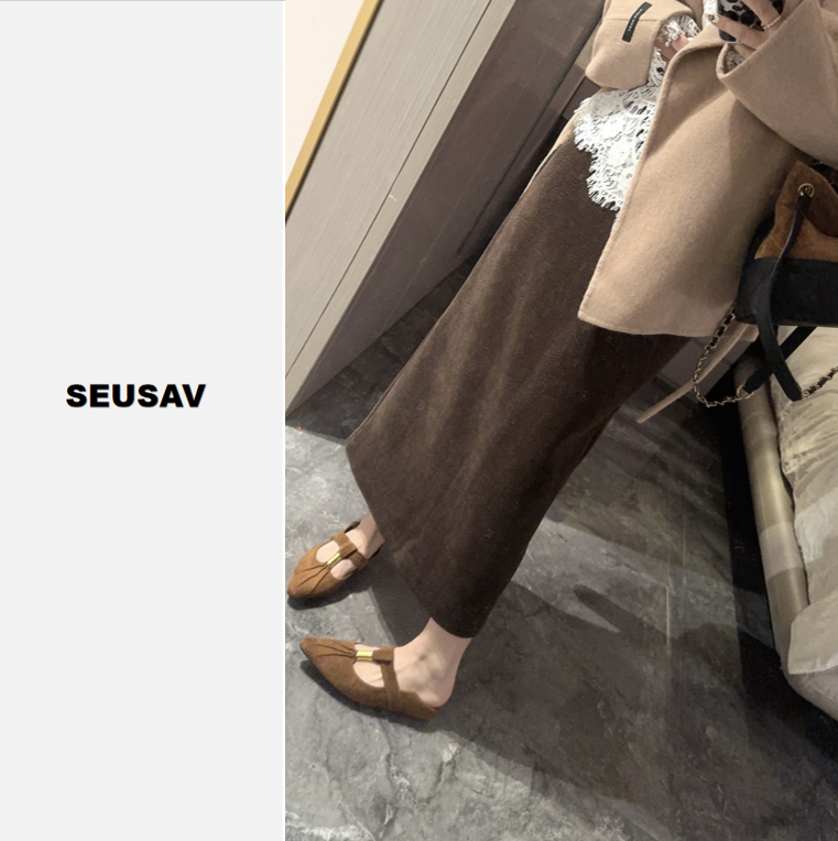 【素简】雪尼尔咖色绒感直筒裙显瘦气质百搭半裙