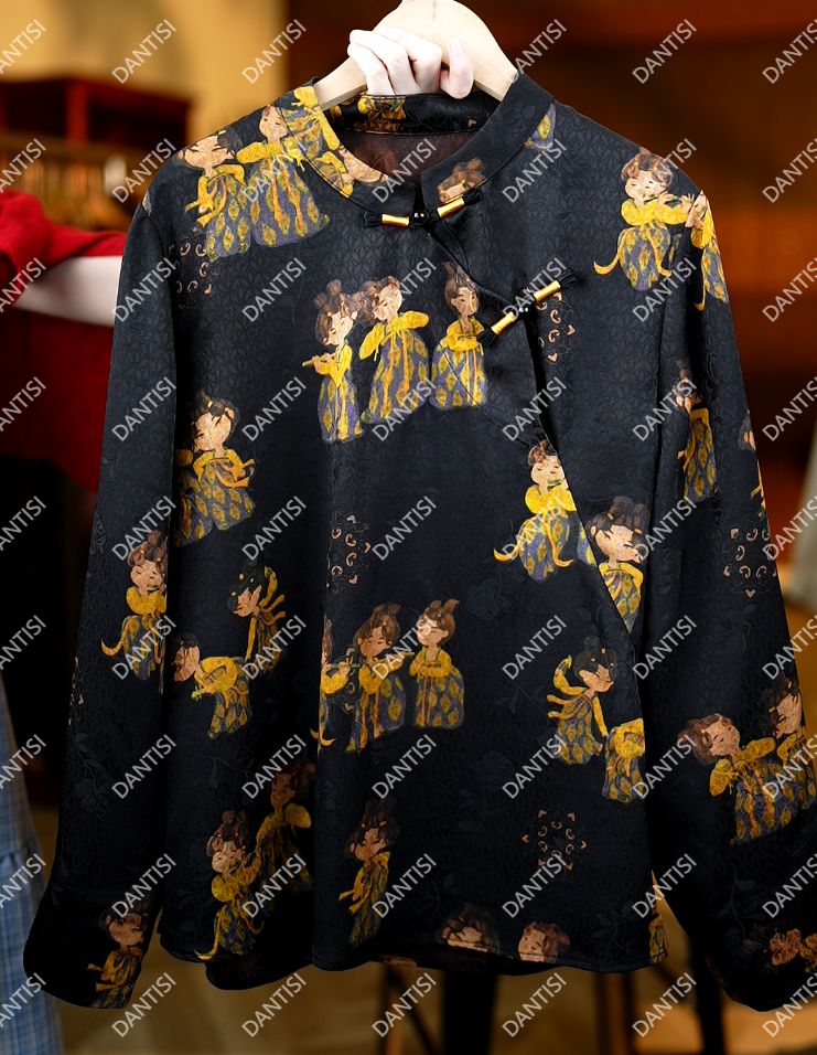 小唐人《非遗美学》T1663新中式复古印花时尚减龄长袖上衣