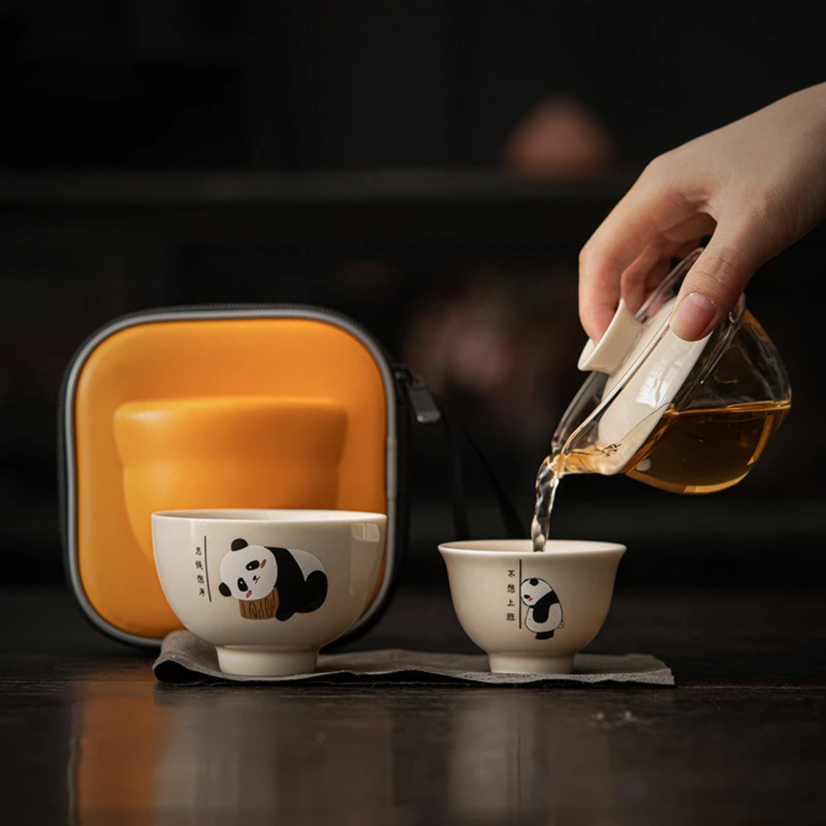 熊猫思钱想厚功夫茶具茶杯套装便携式旅行茶具泡茶壶快客茶杯