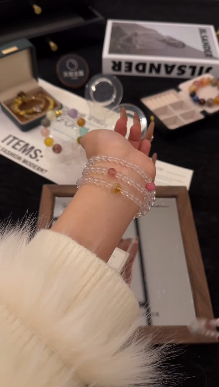未镶嵌手链水晶粉水晶三圈x2850