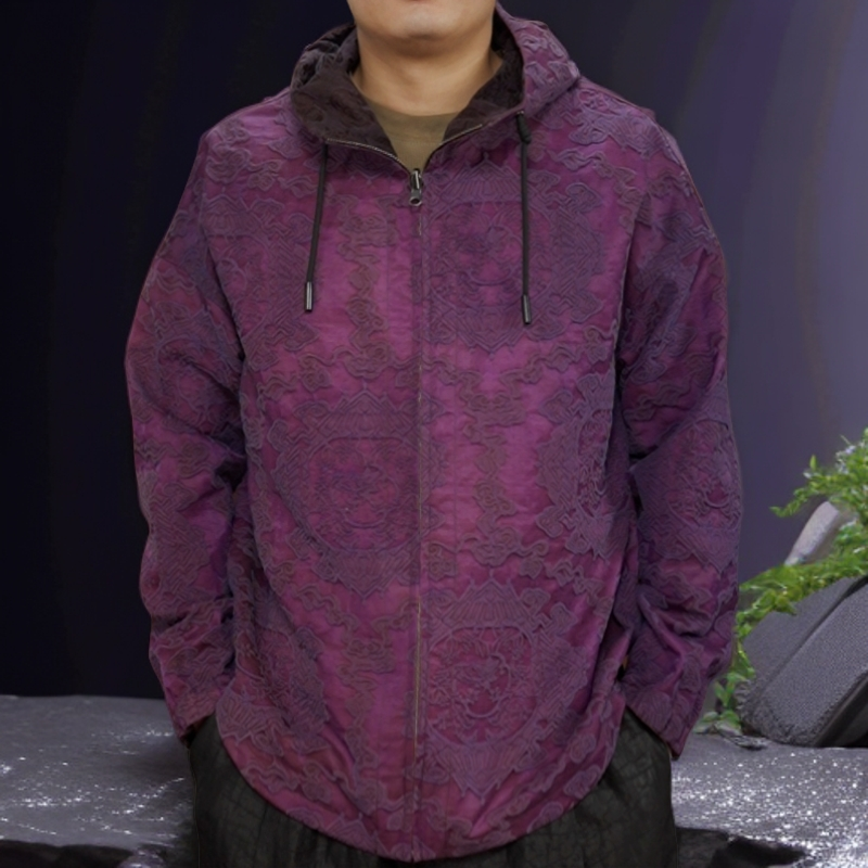 锦油香云纱男士春秋冬长袖连帽双面穿桑蚕丝中国风男装休闲外套