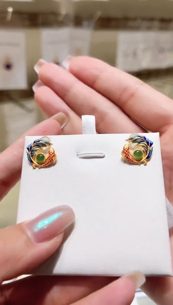 银S925镀金镶嵌和田玉耳饰@@