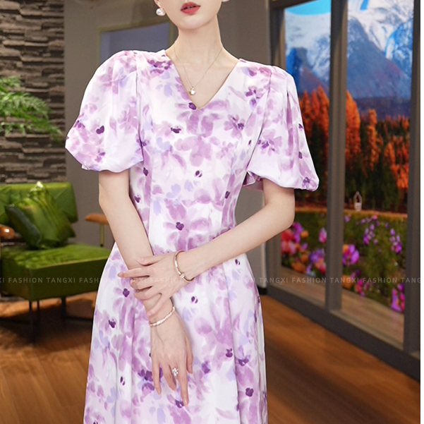 唐熹现货2025夏季新款【OU23-X44】气质v领紫色碎花收腰显瘦连衣裙