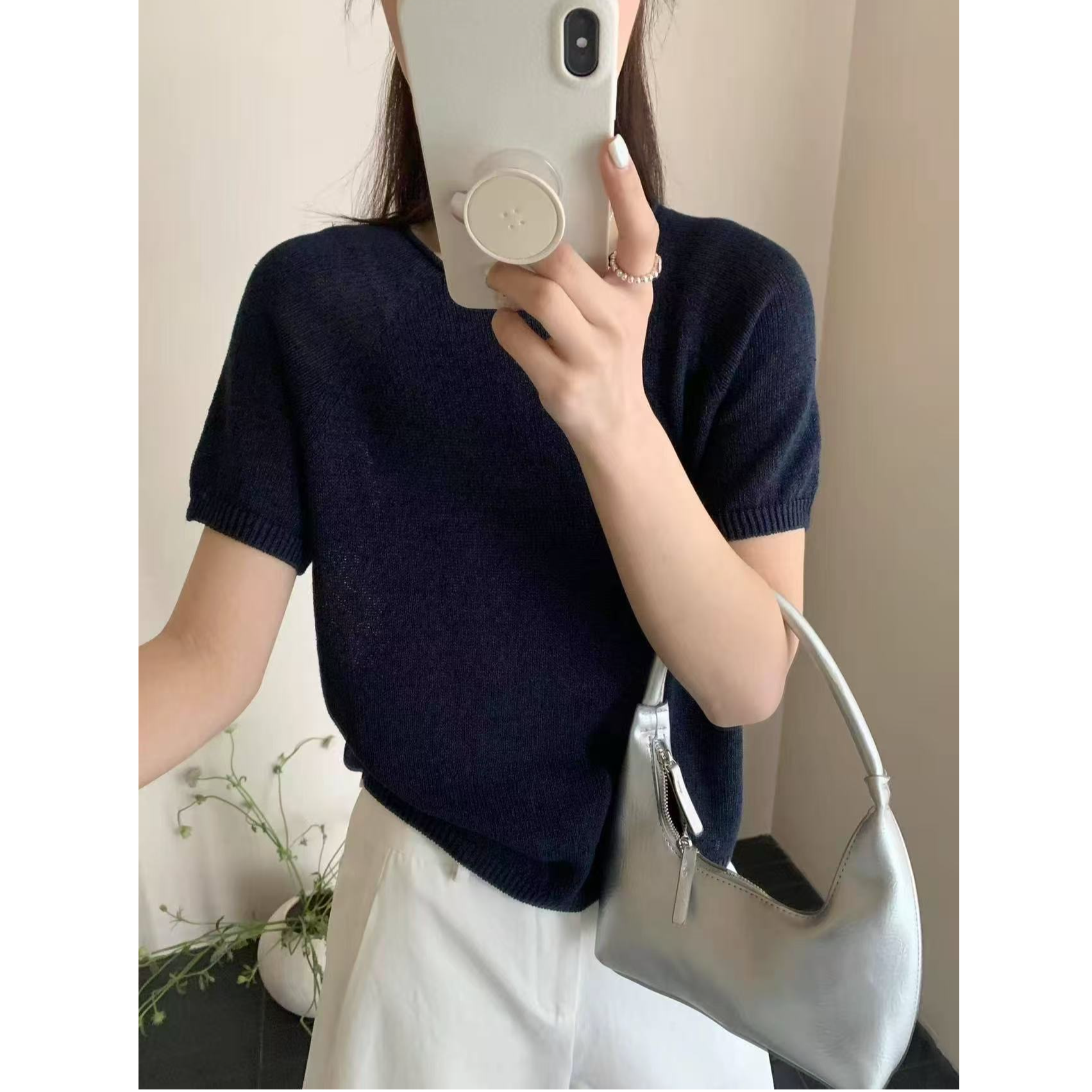 【一线成衣】线下128！藏青色莱赛尔和纸纱薄款套头针织衫上衣