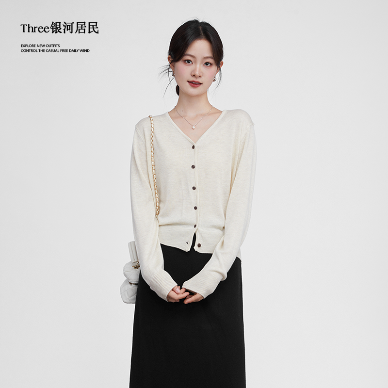 Three银河居民韩系V领针织开衫宽松休闲女秋冬慵懒内搭毛衣打底衫