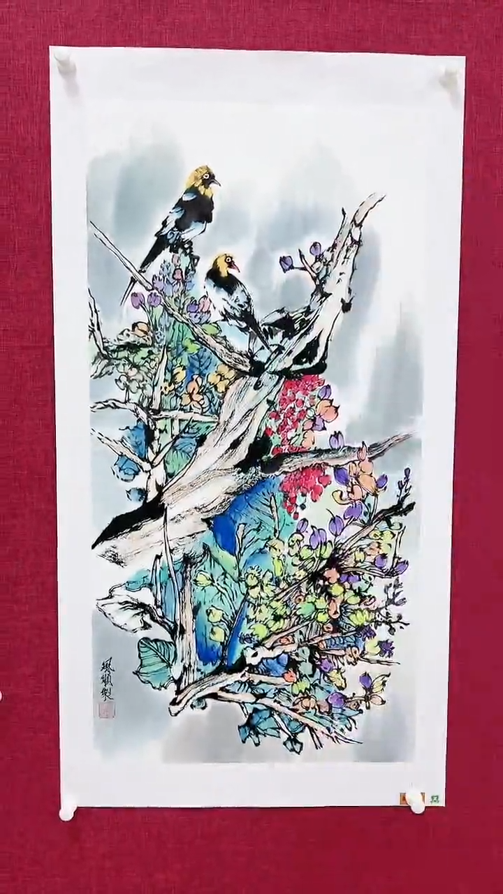 【闪购商品】绘画杨风顺绘画4.5平尺花鸟银奖紫袍作品