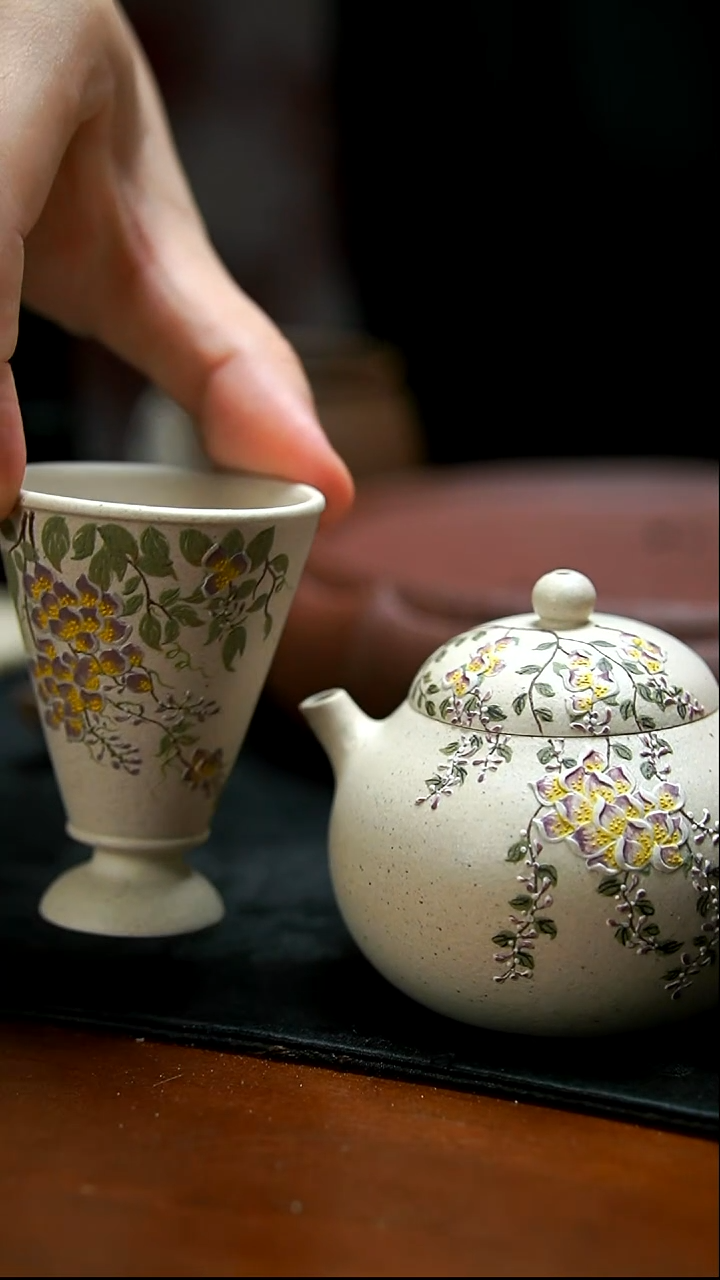 茶壶紫砂白泥紫荆花壶+杯