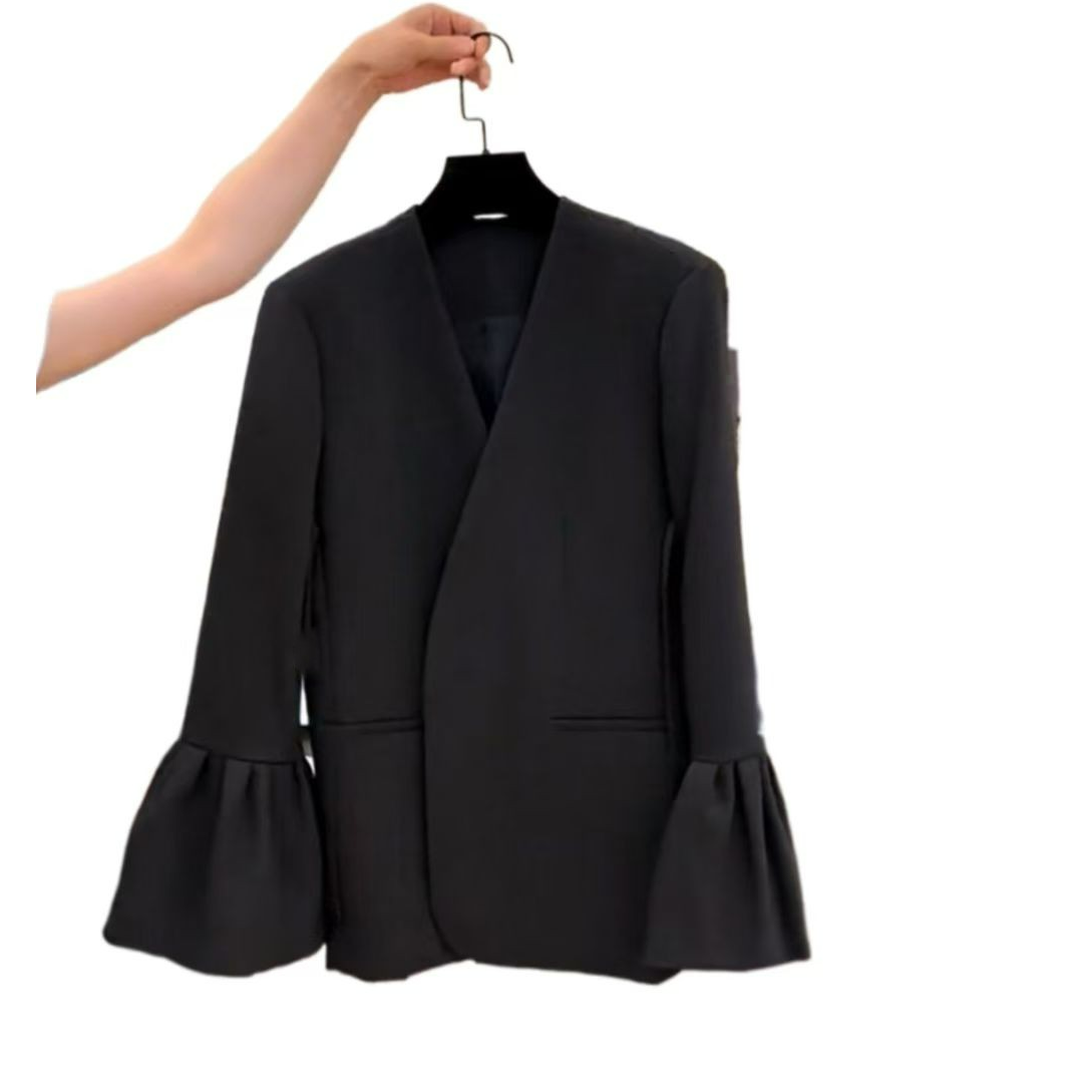 高端欧货V领西装外套2025春秋新款小众质感高级感小香风黑色上衣